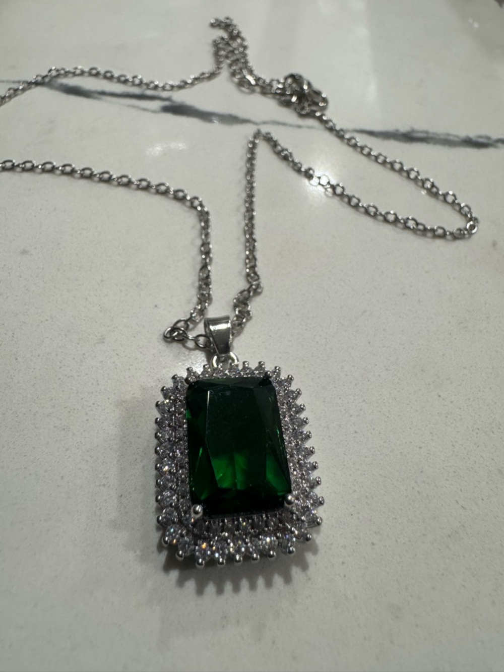 Silver Necklace with Emerald Green Rectangle Pendant